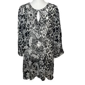 Chico's silk jeweled beaded neckline black white floral tunic blouse size 3 (16)